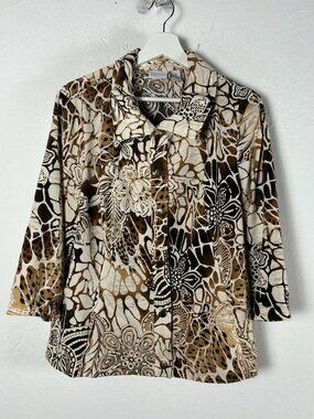 Zenergy By Chicos Womens Button-Front Jacket Size 2 Brown Floral Animal Print